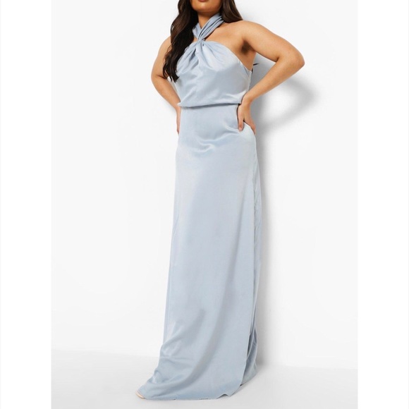 Boohoo Ice Blue Twist Front High Neck Satin Formal Dress - Picture 2 of 9